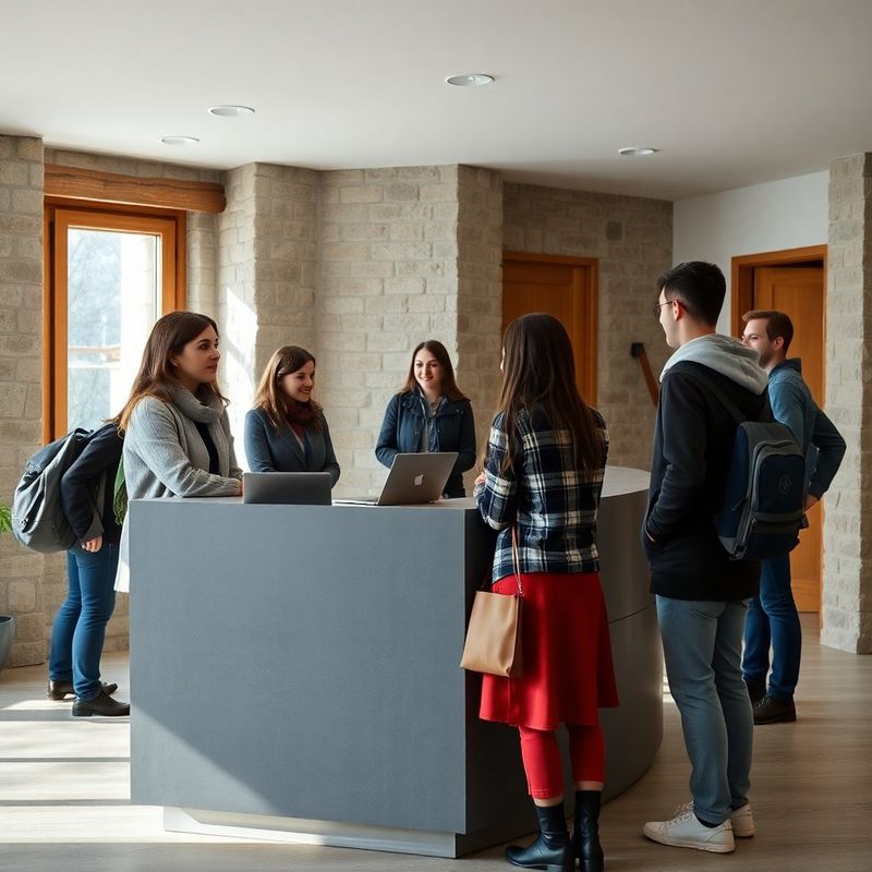 Koordinator in kandidat med uvodnim pogovorom pri minimalističnem recepcijskem pultu
